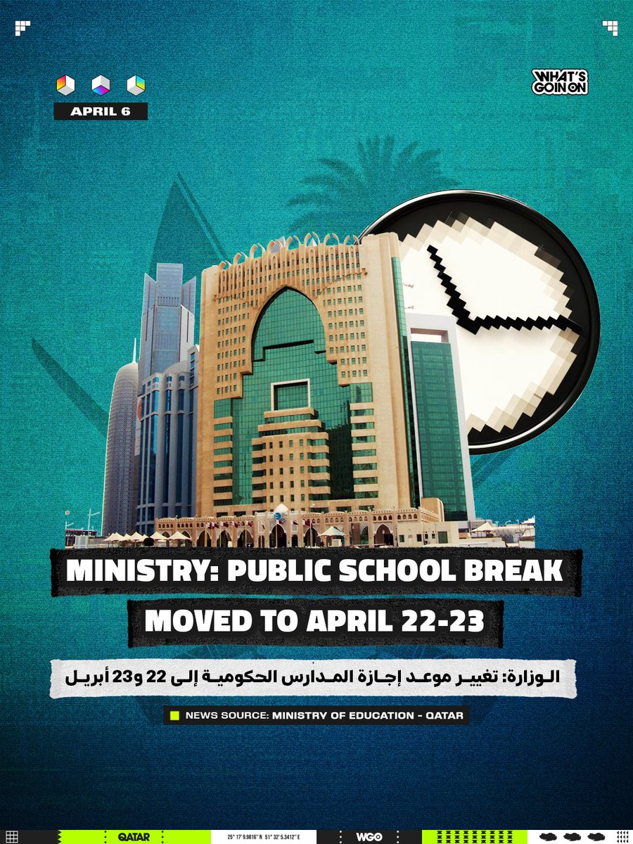 wgoqatar's tweet image. The Ministry of Education has moved the public school extended holiday to April 22-23, 2026. Private schools remain scheduled for April 8-9, per the Ministry of Education and Higher Education's latest update. 🗓️

#Education #Qatar #SchoolUpdate #PublicSchools #Holidays