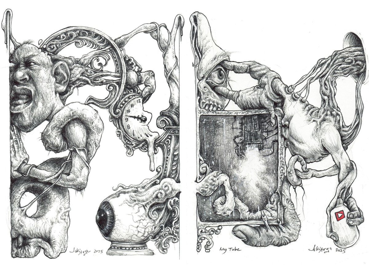 Jokiargu02's tweet photo. My Tube

A portrait of modern devotion: one eye open, one hand scrolling, and the soul slowly wired into the feed. We watch, we hunger, we melt, we repeat.

#MyTube #SurrealArt #BallpointPenArt #DarkArt #ArtOfTheDay #jokiargu #ArtIsLife https://t.co/5hhEprkJaS