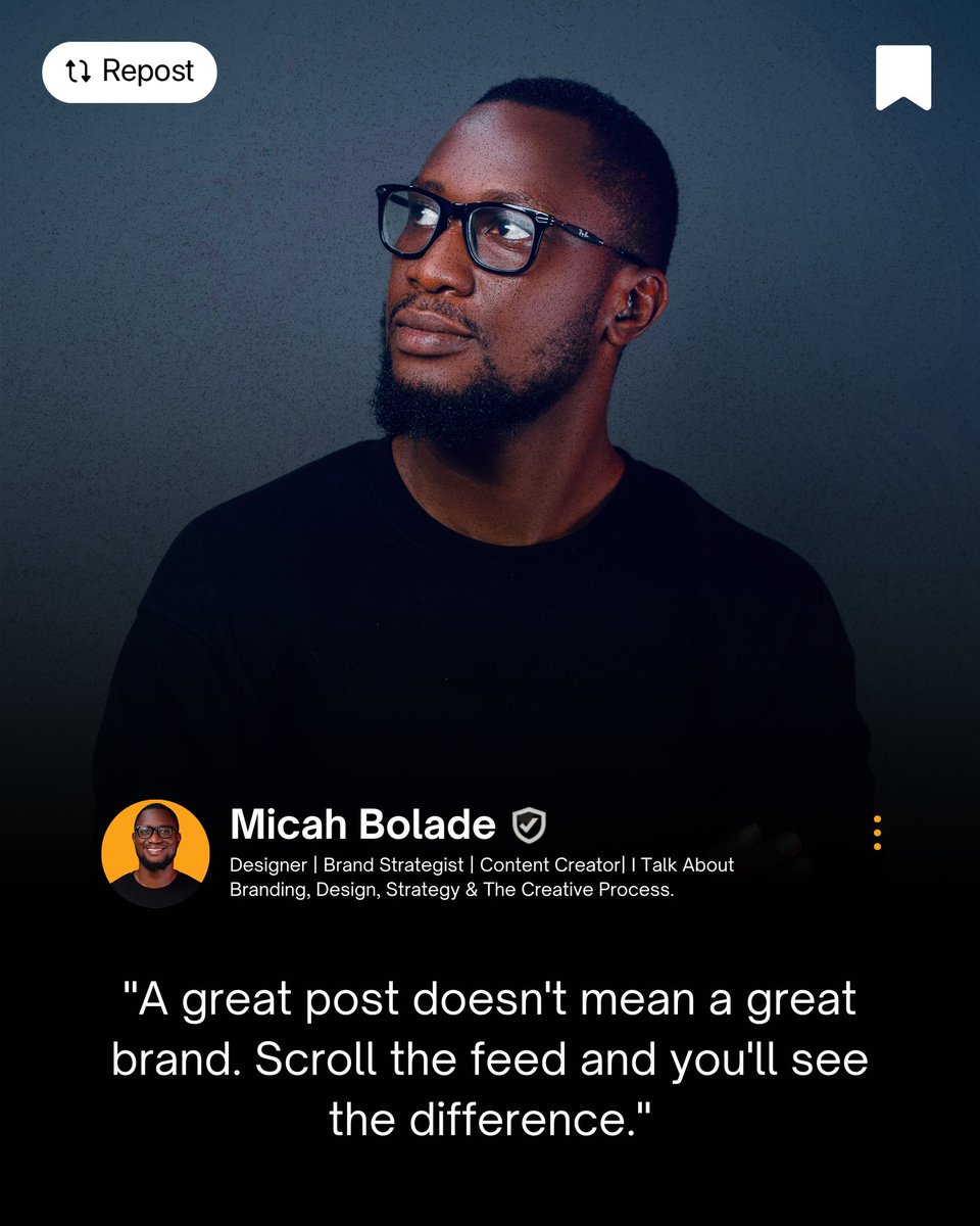 temibolade's tweet photo. I can tell within 60 seconds if a brand has a brand strategy or just a Canva account.

Fonts that shift. Content with no through-line.

A bio that says one thing, posts that say four.

That's not a design problem.

It's a clarity problem.

Strategy first. Everything else follows. https://t.co/KrhC1g1l9y