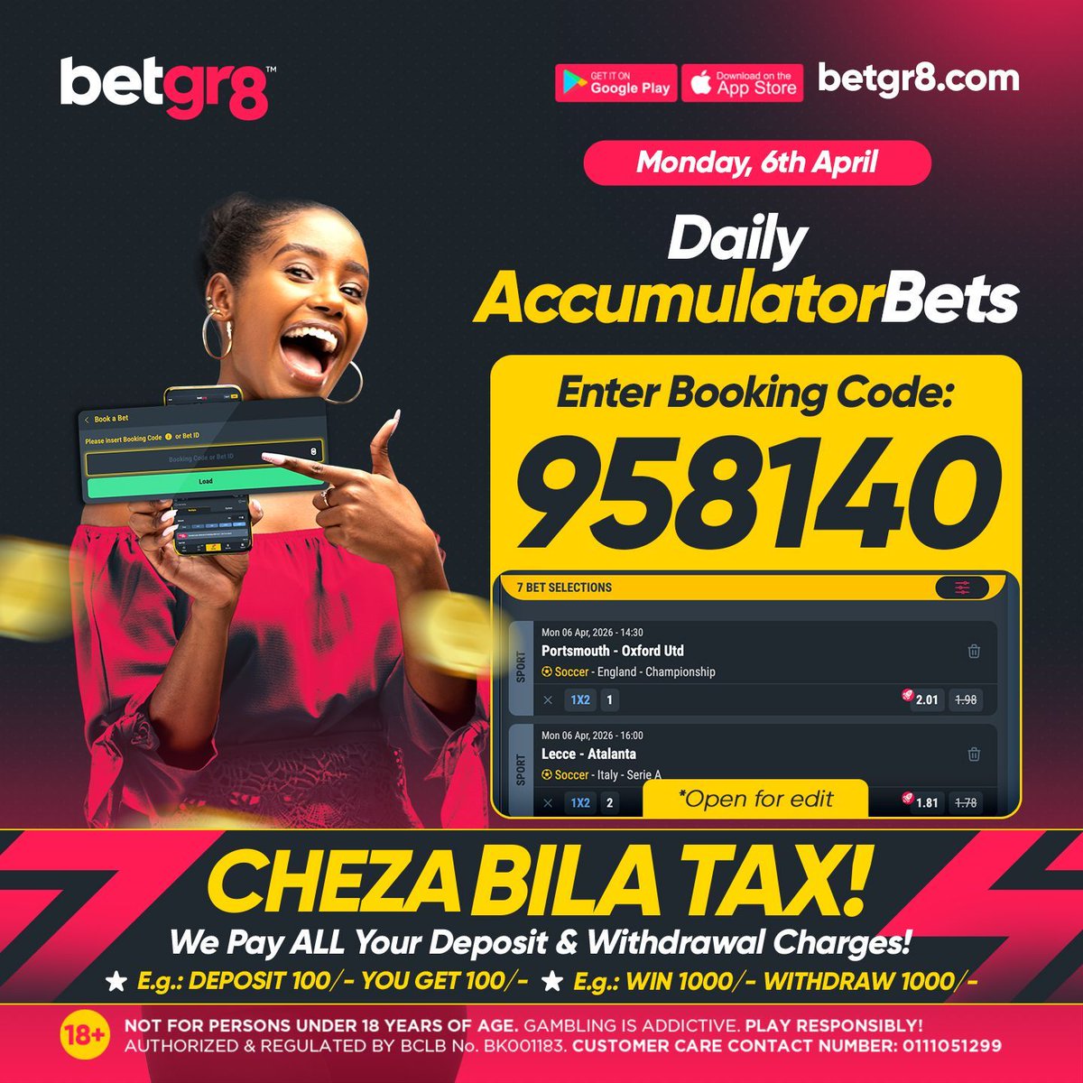 betgr8ke's tweet image. 🚨 Monday's Booking Code is LIVE! ⚡️
Your winning slip is locked and loaded. Just load it up!
🔓 Code: 958140
👉 betgr8.com/ke/retrieve-bo…

Review the games, tweak, then stake!

Best of luck!

18+ | #Betgr8 #BestOdds #BookingCode #MondayMotivation #ChezaBilaTax