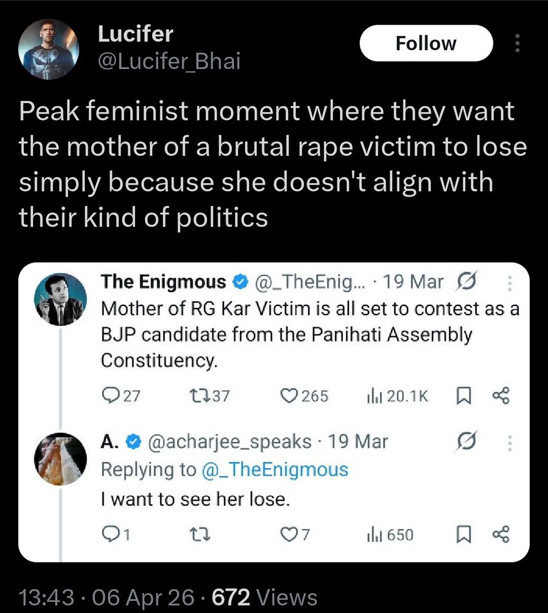 Once the BJP garlanded rapists how do you expect me,as a woman,to support this party? She deserves sympathy as a mother,not legitimacy as a BJP candidate.Using her late daughter’s name for votes is utterly disgraceful,irrespective of any party..

This narrative will never work.