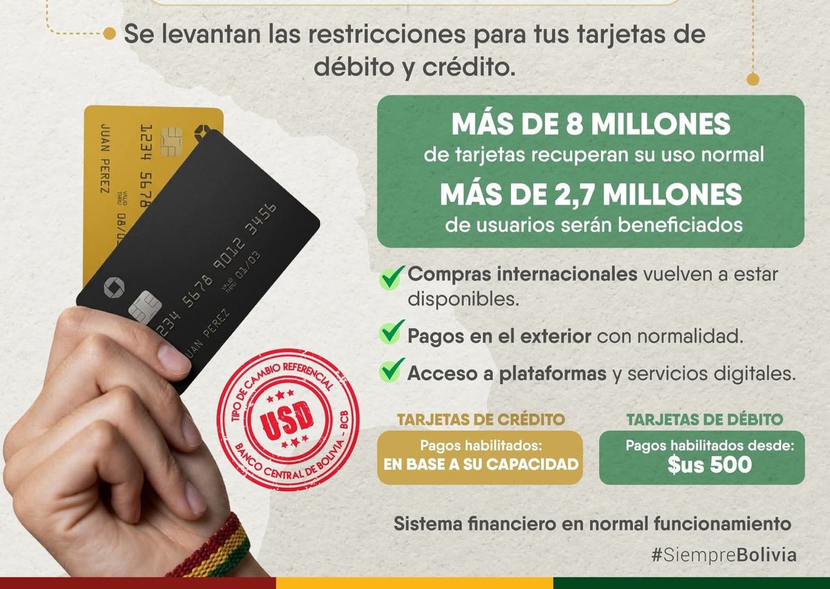 _BoliviaDigital's tweet photo. Se levantan las restriciones de tus tarjetas para transacciones internacionales y plataformas digitales:

💳 Tarjetas de Débito: Pagos habilitados desde $us 500.
💳 Tarjetas de Crédito: Pagos habilitados según tu capacidad. https://t.co/wRei5epElZ