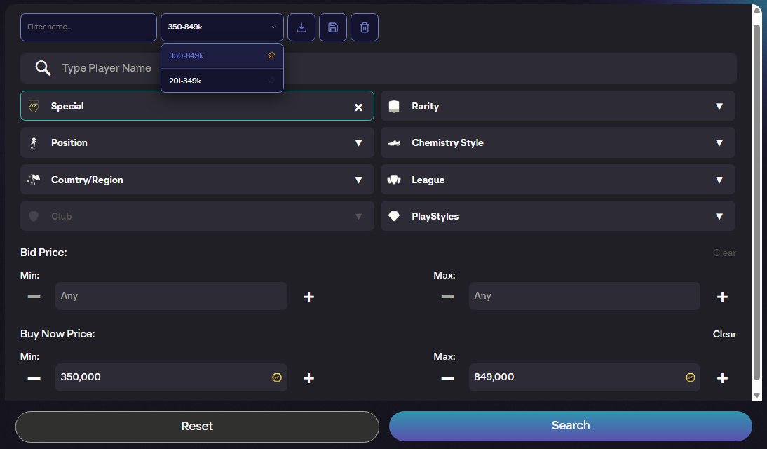 FutHarpoon's tweet photo. New update live!

What's New
Saved Filters: You can now save your custom Transfer Market search configurations! Save up to 30 different filters, and load them instantly with a single click. No more setting up the same criteria over and over again. Available on all platforms. https://t.co/PoiW9dMAXk
