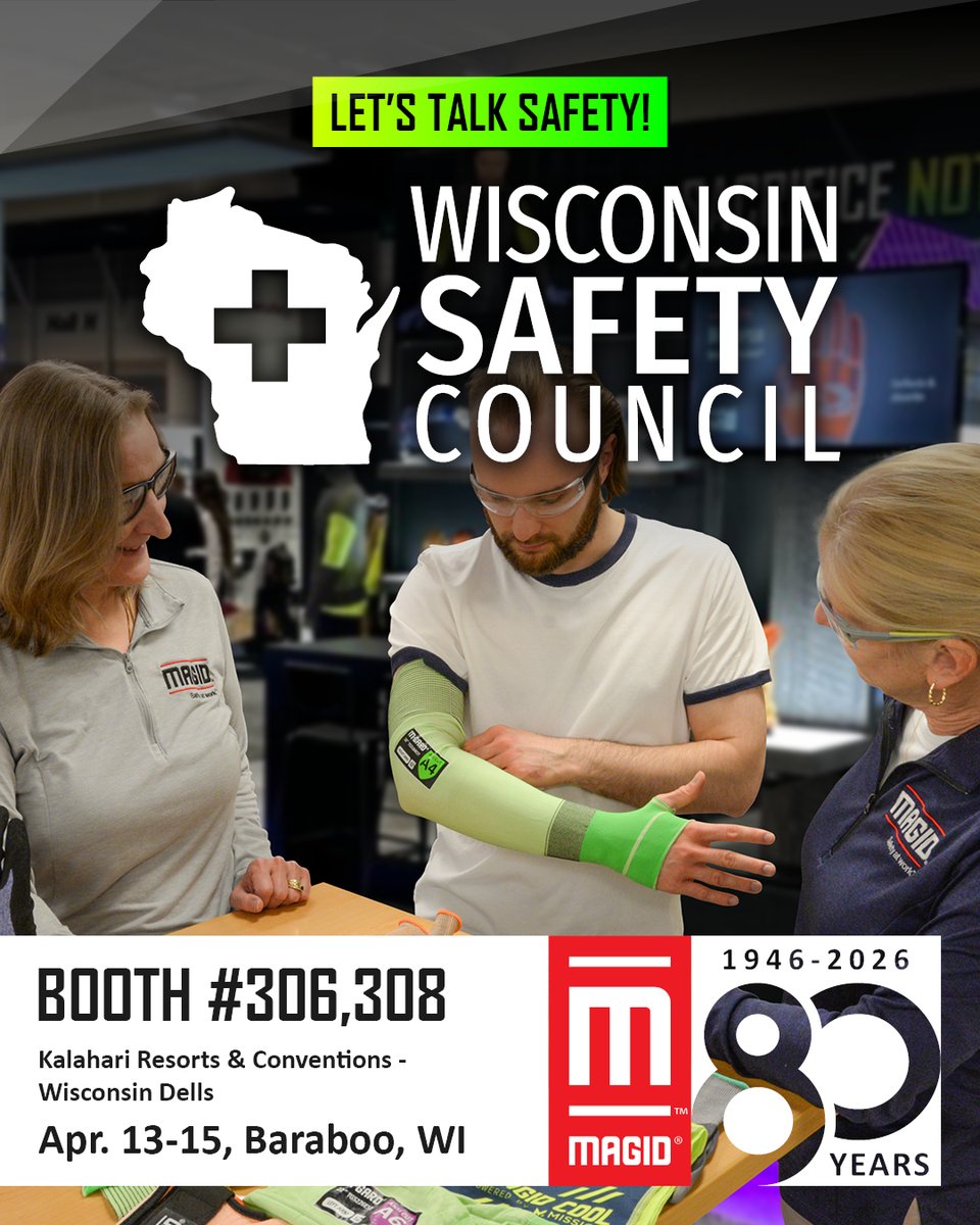 MagidGlove's tweet image. We’re heading to the Wisconsin Safety Council Annual Conference 👋
📍 Kalahari Resorts &amp;amp; Conventions
📅 April 13–15
Stop by the Magid booth to explore PPE solutions built for real-world safety.
Let’s make safety matter.
#SafetyMatters #EHS #PPE