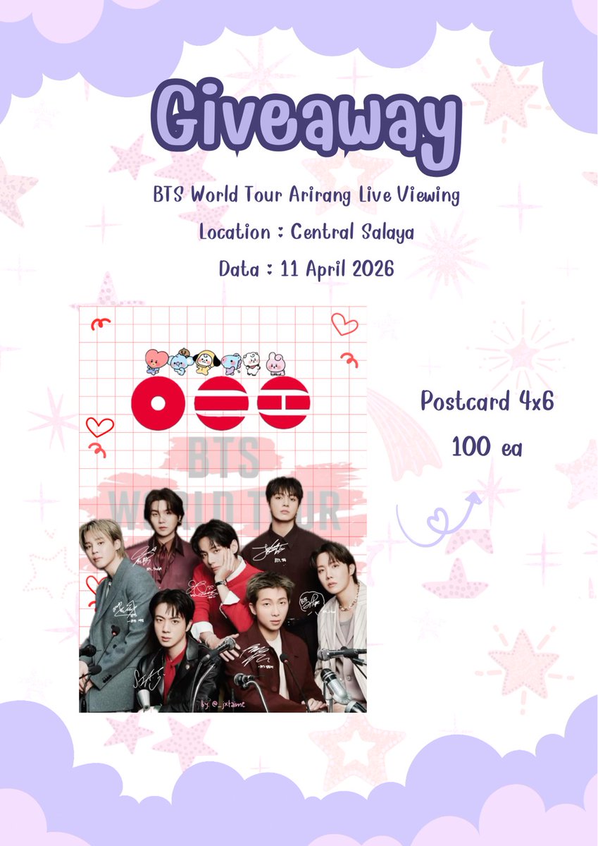 guel01997's tweet photo. ˚ ⟡ giveaway for ꒰ #BTS_ARIRANG ꒱◝

𓏔 Postcard 4x6 100 ea

𐙚 date : 11 April 2026
𐙚 Location : Central Salaya (จุดแจกและเวลาจะบอกอีกรอบคับ🙏🏻)

see you kaa 🫶🏻💜
#KINGISBACK_อารีรังดังก้องSF 
#SFMusicInCinema https://t.co/FNVTZAWFmd