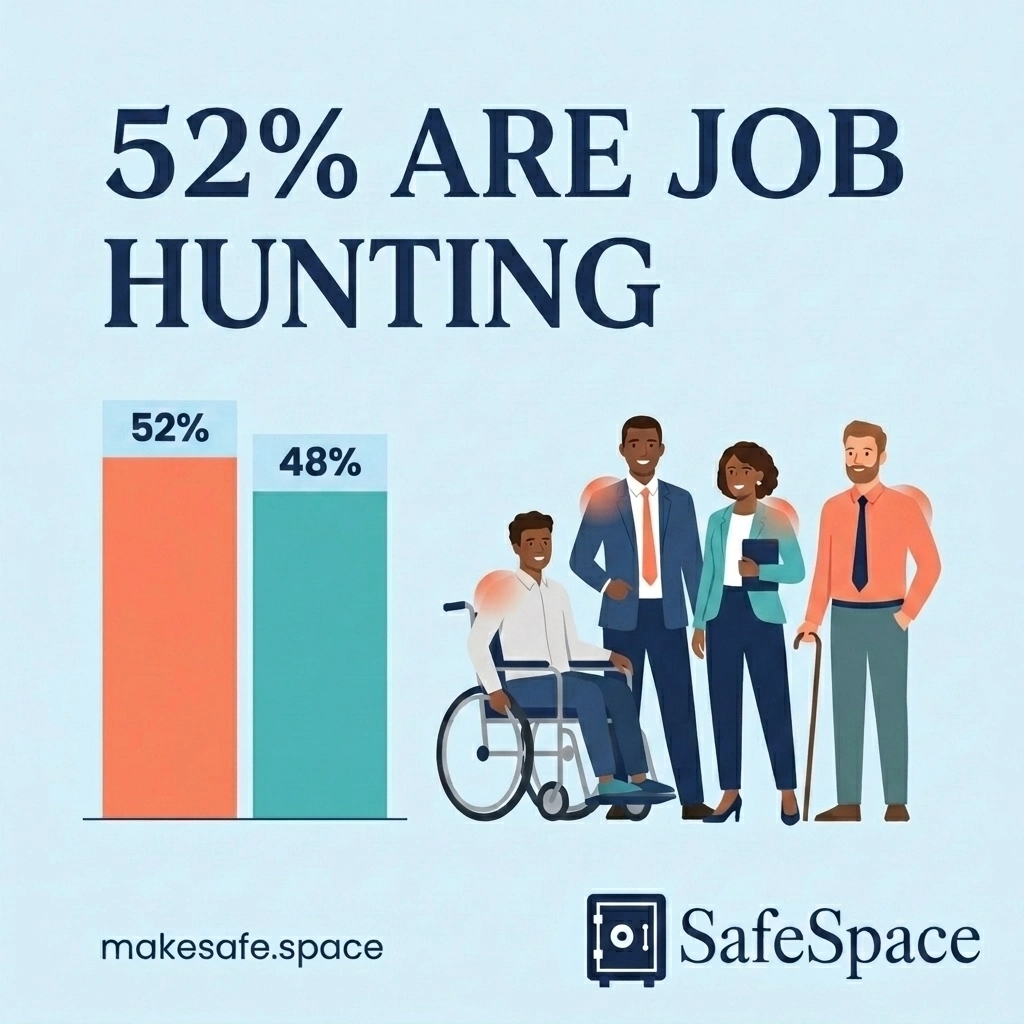 cyphertechinc's tweet photo. Did you know 52% of workers are job hunting in 2026? 

#Retention requires more than a paycheck; it requires deep psychological safety. 

#SafeSpace provides the trust infrastructure and culture telemetry needed. 

 https://t.co/faUzgnaKiY

 #Trust  #PsychologicalSafety https://t.co/p8B4CH1Txc