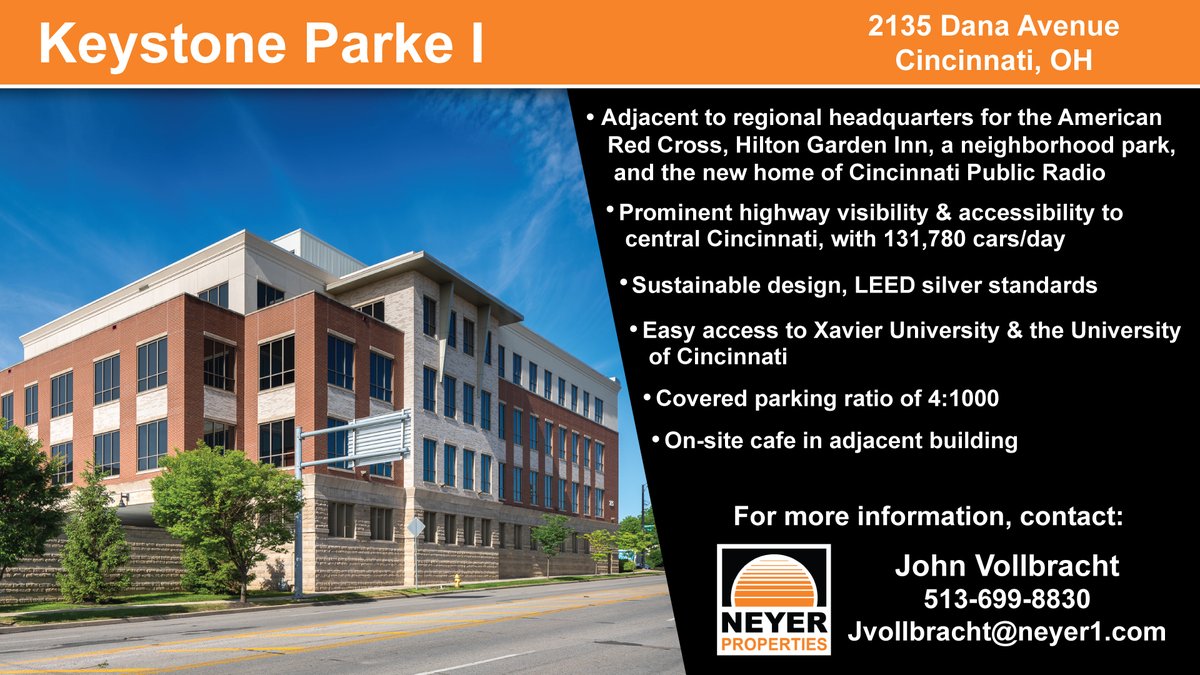 NeyerProperties's tweet image. Today’s #FeaturedProperty is Keystone Parke I in Cincinnati. This office building sits along Dana Avenue, with convenient access to the Cincinnati Business District via I-71.

Only three suites are currently available—reach out today for details!

#OfficeSpace #CRE #Cincinnati