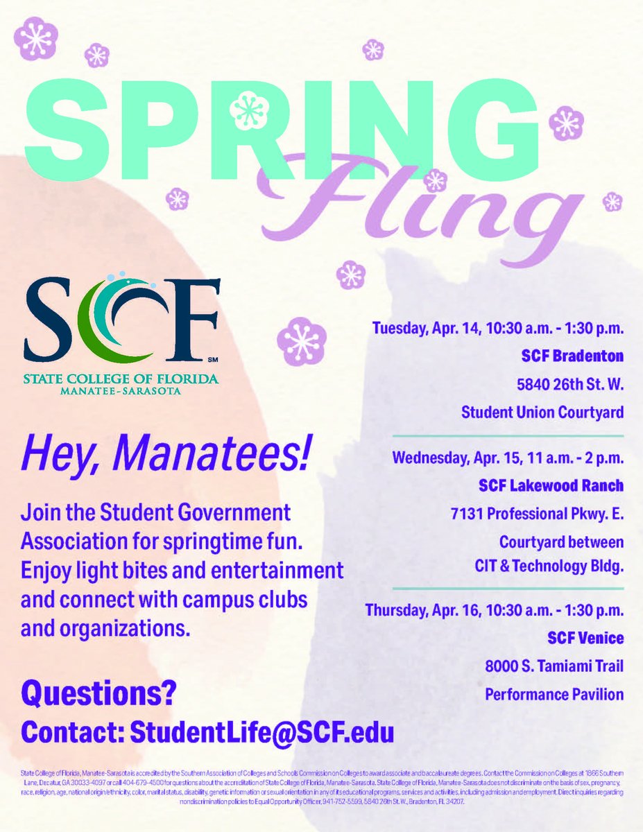 🌸 Spring Fling is here, Manatees!

Join the SGA for food, fun, and campus connections: meet clubs, enjoy entertainment, and celebrate spring!

📍 SCF Bradenton – Apr 14, 10:30–1:30
📍 SCF Lakewood Ranch – Apr 15, 11–2
📍 SCF Venice – Apr 16, 10:30–1:30
Don’t miss out! 💜 #SCF