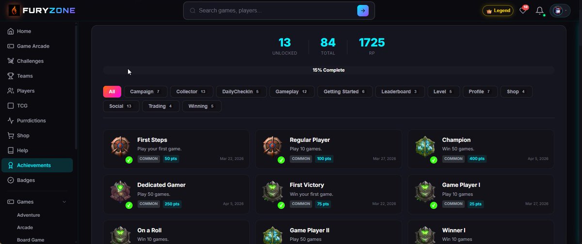 piercove's tweet photo. Remember when I said I’m building the de facto arcade for Web3… and beyond?

Yeah… I wasn’t kidding.

Fury Zone now has a full Achievements system built across the entire platform 🎯

Play. Compete. Explore.

Heck… even just showing up gets you rewarded 👀

This is how you onboard everyone — not just Web3 natives.

Gamified. Accessible. Addictive.

👉 https://t.co/CEuxOyYTGv

#FuryZone #Web3Gaming #XRPL #Hedera