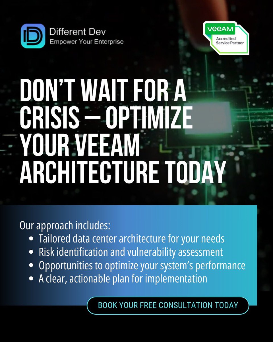 DifferentDev1's tweet photo. Start building a backup system that works when you need it most: 👉🏻 https://t.co/e0baZNUPBM #Veeam #DisasterRecovery #BusinessContinuity #InfrastructureOptimization #DataSecurity #bcdr #differentdev https://t.co/gwQ14dn3pW