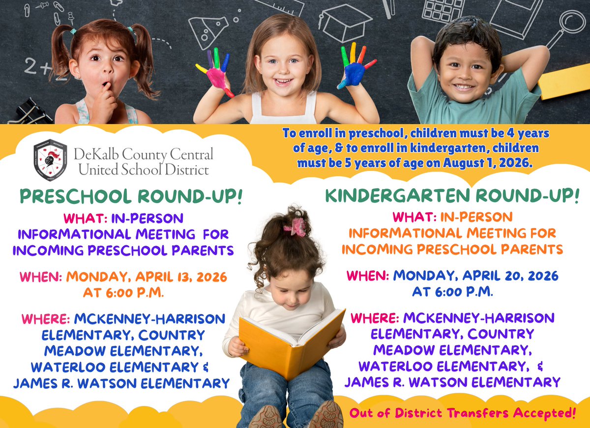 DeKalbELC's tweet photo. Preschool &amp; Kindergarten Round-Up is coming! Join us to learn about programs, meet staff, &amp; enroll!

Preschool: April 13 | 6 PM
Kindergarten: April 20 | 6 PM
Held at McKenney-Harrison, Country Meadow, Waterloo, &amp; James R. Watson Elementary 

Out-of-district transfers welcome! https://t.co/yJ8gI0bdy8