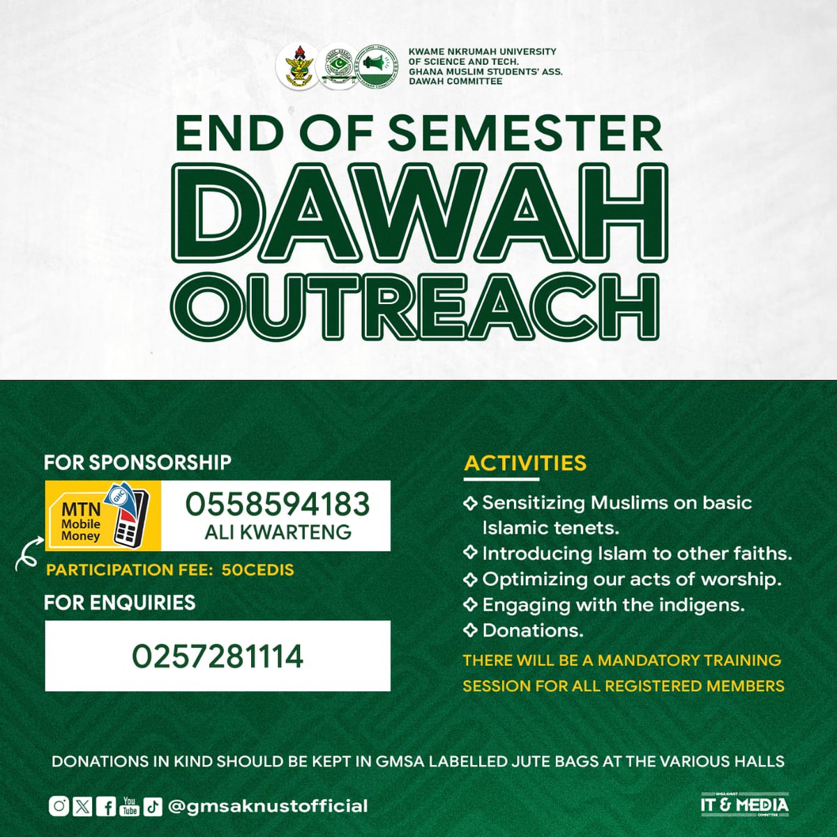 The Prophet ﷺ said: whoever guides one to good will have a reward similar to the person who does it .
Donations are accepted via momo:
Number: 05589594183
Account: Ali Kwarteng 
Reference: D. Outreach 
No amount is too small.
Come, Give, Teach and Light the way.