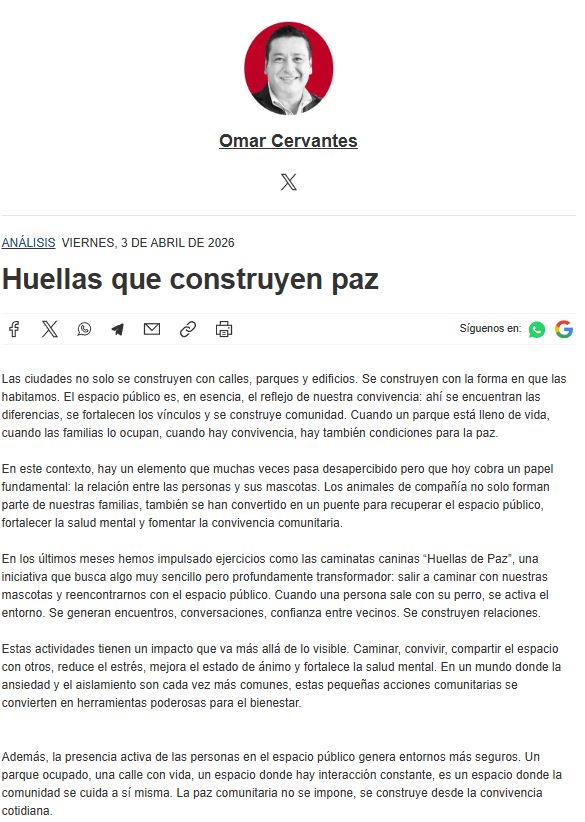 OmarCervantes_R's tweet photo. La paz también se construye en lo cotidiano 🧡 Cuando usamos y convivimos en el espacio público, la comunidad se cuida sola.

Acciones como las de PATA 🐾, con vacunación gratuita, también suman a entornos más sanos y en conviciencia. Te cuento cómo vivimos nuestro encuentro "Huellas de paz" en mi columna del @ELOCCIDENTAL  🔗📖https://t.co/Mia1LcCPML