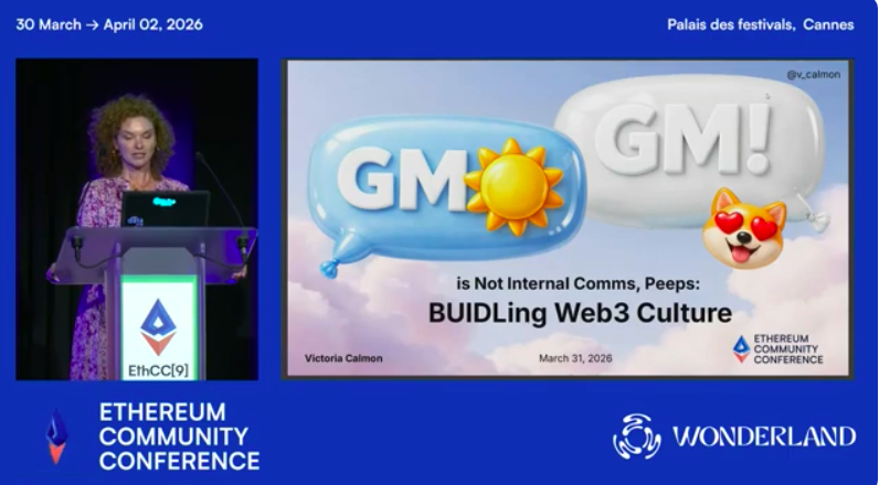 v_calmon's tweet photo. I had so much fun presenting during @EthCC, thank you to the Ethereum Community for the opportunity & for the great questions! 
See you next year in Cannes for the 10 year celebration! 🎂
 
"Gm Gm is Not Internal Comms, Peeps: BUIDLing Web3 Culture" 

If you missed it, find the link to the recording in the comments👇