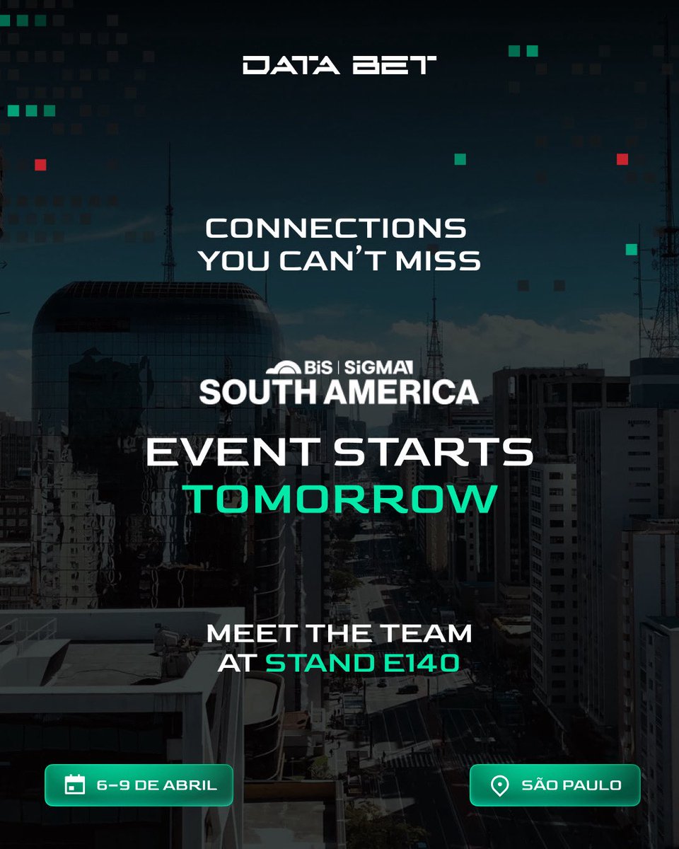 data_bet_'s tweet photo. Tomorrow, the whole industry gathers in one place.
BiS SiGMA South America 2026 โ new solutions for the Latin American market, key topics, and professionals from across the industry setting new trends.
Stay tuned!ย
#DATABET #BiSSIGMASouthAmerica2026 https://t.co/WPJrt1Vm5l