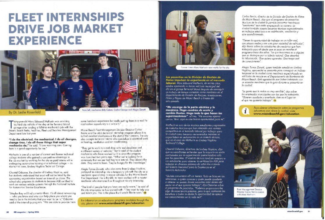 Thank you Miami Beach magazine for featuring us and the City of Miami Beach for partnering with us on the Fleet Internship Drive!  Creating real-world experiences and connecting our students directly to careers. 
#YourBestChoiceMDCPS 

issuu.com/cityofmiamibea…