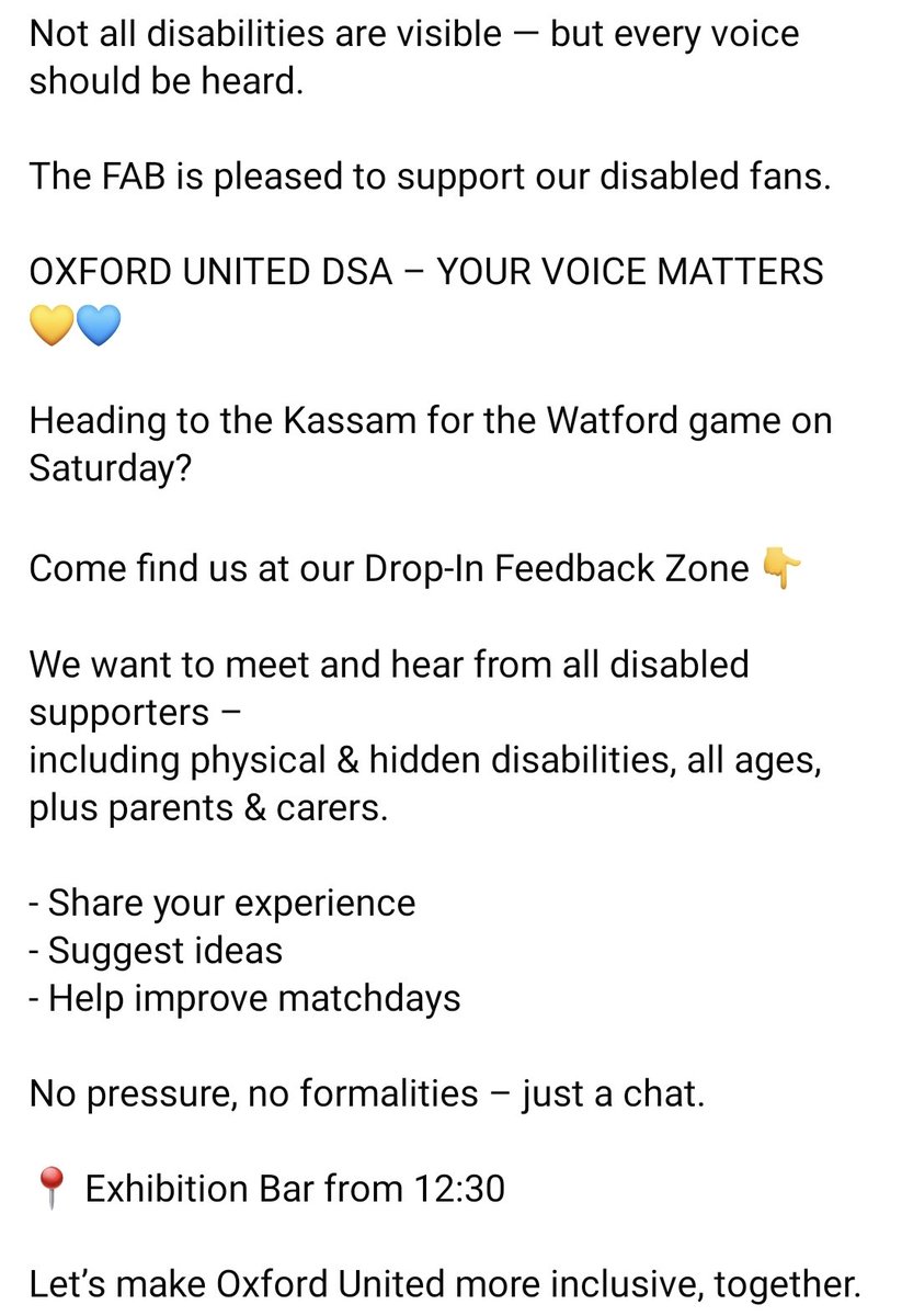 #oufc disabled supporters drop-in 12:30 Saturday 11th April, Exhibition Bar. 
Informal, friendly. 
Details below.
💛💙 ♿ 🧑‍🦯 
#dsa
<a href="/OUFCOfficial/">Oxford United</a>
<a href="/lpftweets/">Level Playing Field</a>