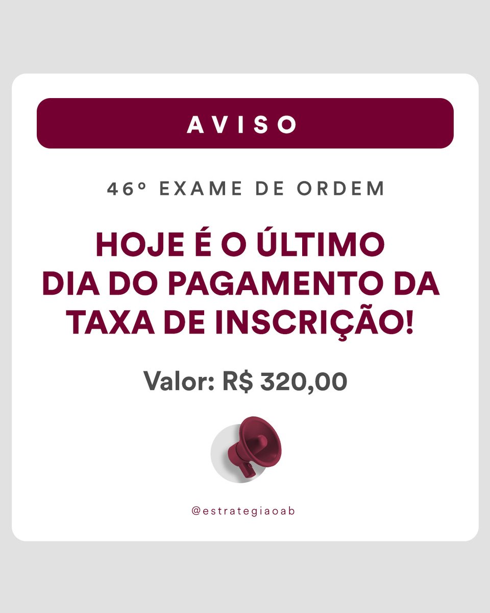 É hoje, Oabeiro. Você tem até as 17h para realizar o pagamento da taxa de inscrição.

Fique ligado, para não perder o prazo!