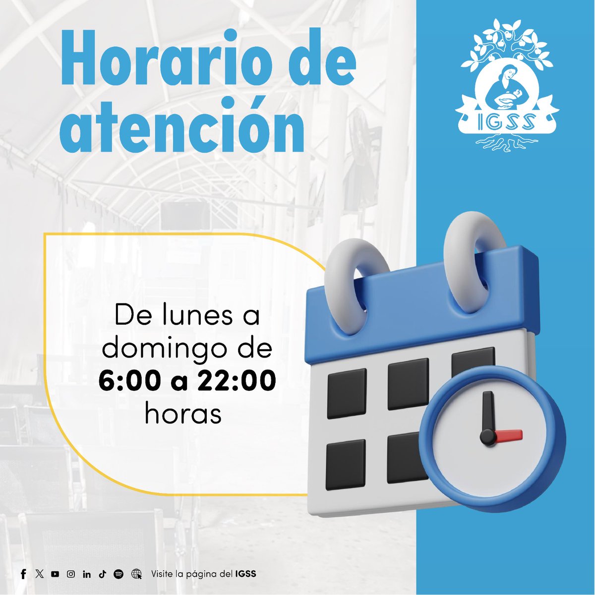IGSS_gt's tweet photo. ¿Buscas información de un familiar hospitalizado? 🏥💙

Acércate al Módulo de Información para Familiares de Pacientes en el Hospital General de Enfermedades, Zona 9.

ℹ️ Consulta:
• Procesos hospitalarios
• Ubicación de servicios
• Requisitos y trámites
• Estado del paciente

👨‍👩‍👧‍👦 Atención exclusiva para familiares responsables
⚠️ Información brindada únicamente de forma presencial
📍 Ubicado en el toldo exterior del hospital

🕒 Horario de atención: lunes a domingo, de 6:00 a 22:00 horas

#IGSS #MóduloDeInformación