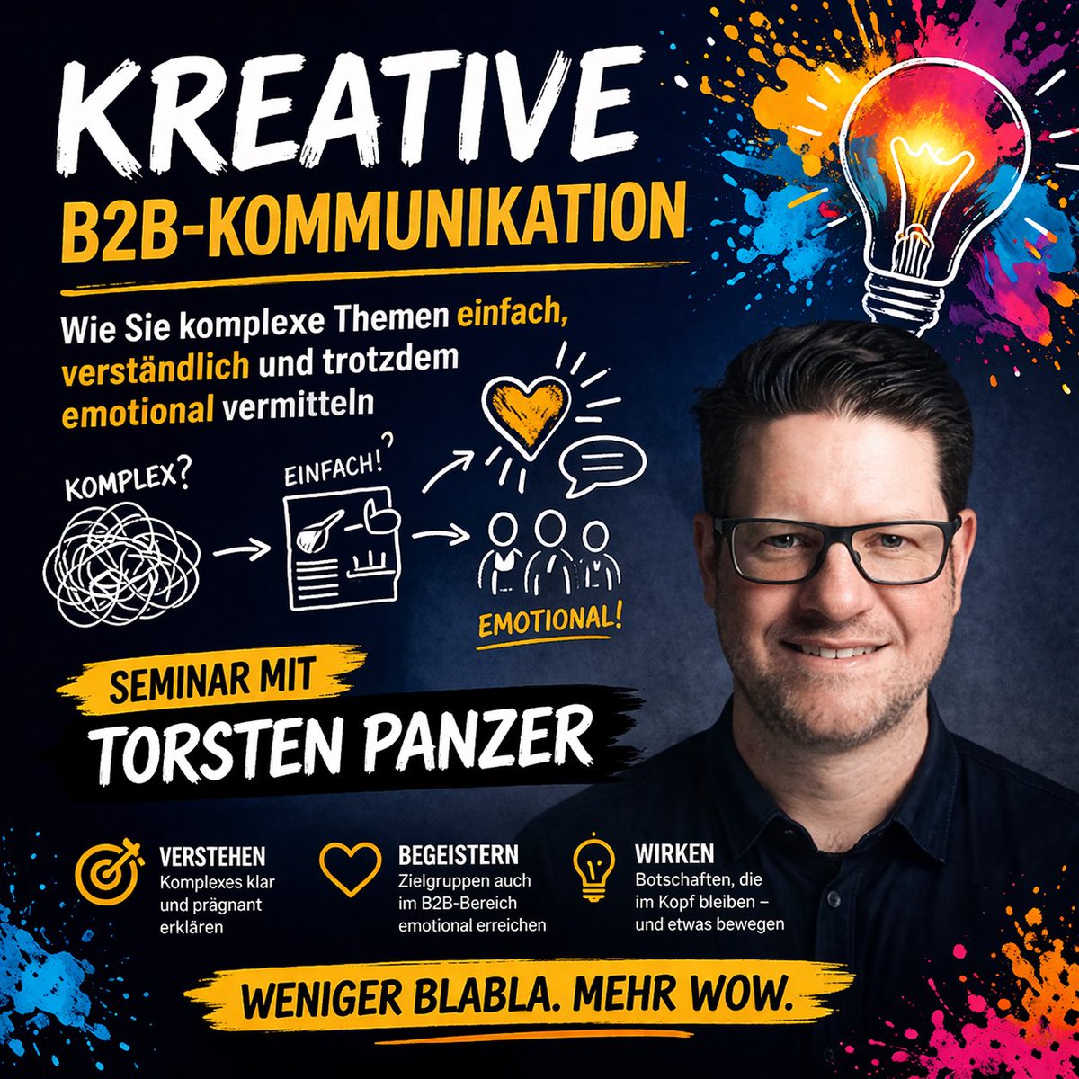 torsten_panzer's tweet image. Freue mich auf zwei Tage Inhouse-Seminarleitung zum Thema "KREATIVE #B2B-KOMMUNIKATION - Wie Sie komplexe Themen einfach, verständlich und trotzdem emotional vermitteln" und mache mich auf den Weg nach Hannover.

Weitere Infos: media-workshop.de/seminar/kreati…