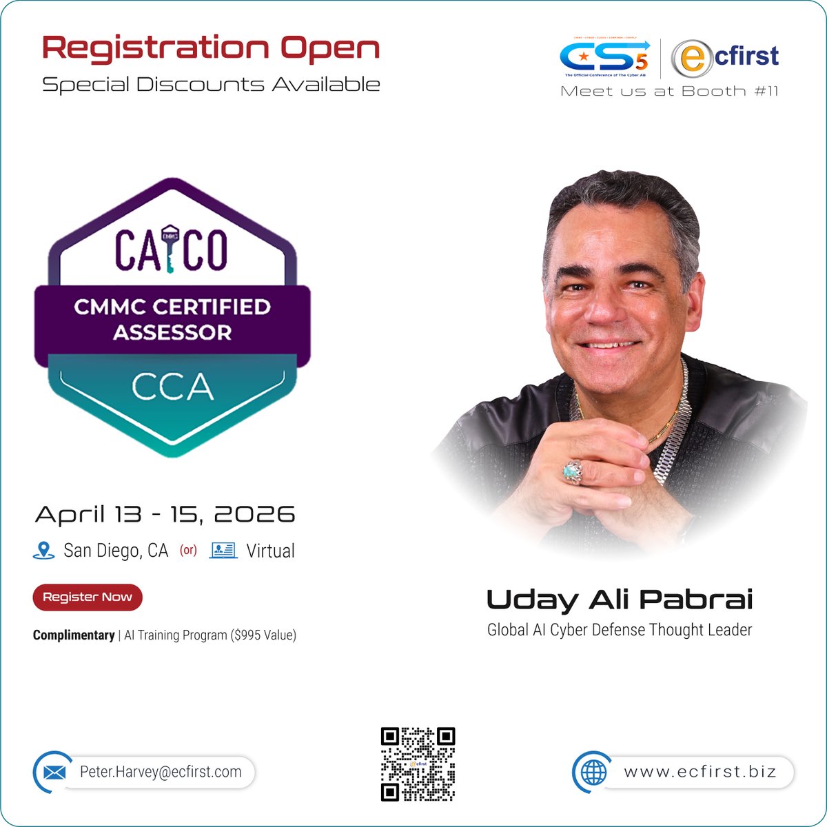 ecfirst_social's tweet image. CS5 pre-conference CMMC training with ecfirst.
CCP &amp;amp; CCA | Apr 13–15, 2026
🔗 ecfirst.biz/training_sched…
#CMMC #CS5