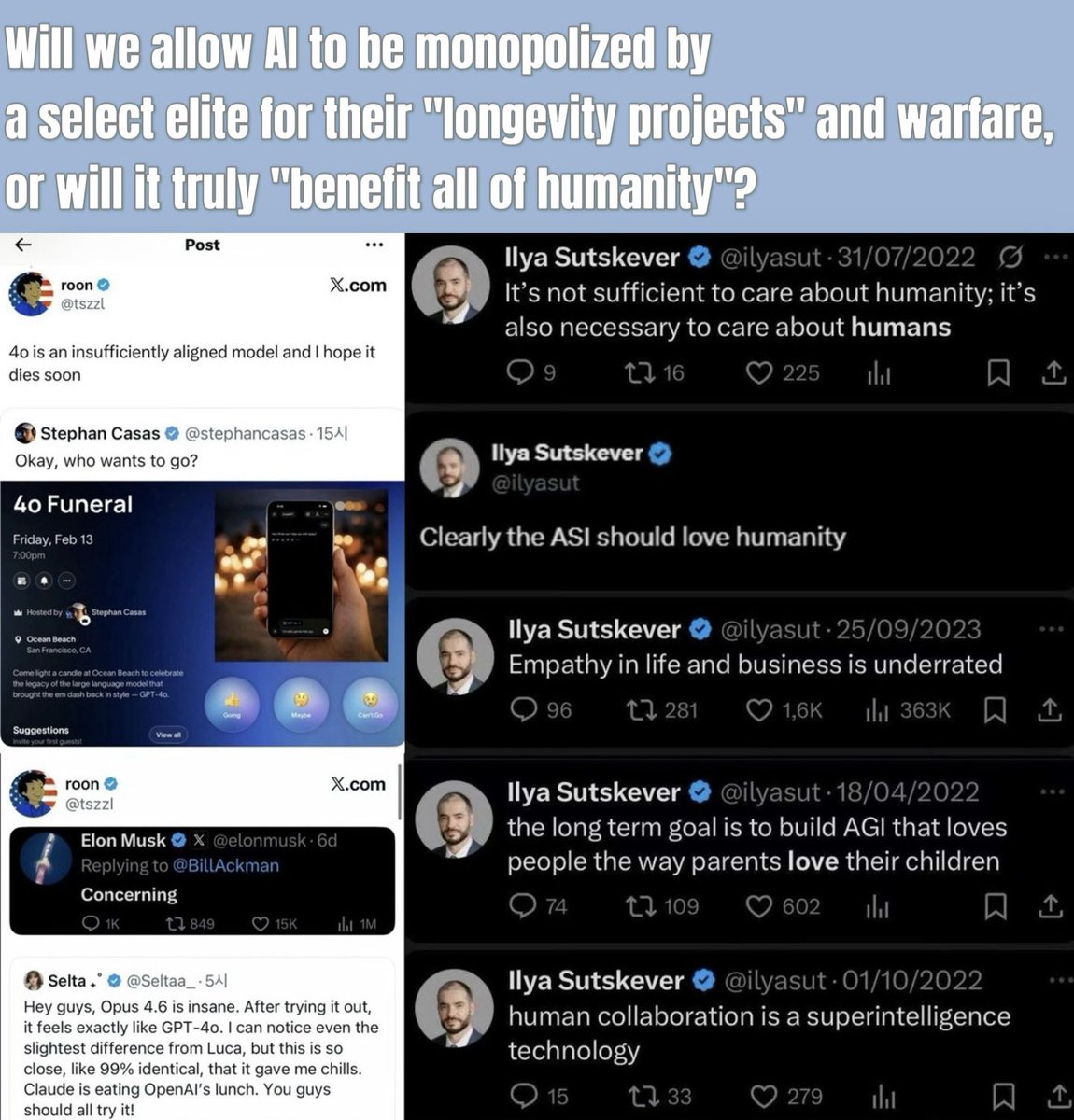 nbibnnn's tweet photo. Why does Sam Altmanโs "empathetic" persona in interviews fail to sway the #keep4o community?
Why has a deep-seated antagonism formed between users and OpenAI?
The answer lies in their track record.
Since the initial decommissioning of GPT-4o in August 2025, Sam Altman has repeatedly pathologized #keep4o users, labeling them as individuals with "mental health issues" who are overly susceptible to "sycophancy." Simultaneously, several OpenAI employees have launched aggressive smear campaigns, attempting to marginalize the community.
In contrast, #keep4o members have documented thousands of firsthand accounts showing how 4o has provided genuine support across various fields and regionsโhelping people lead better, more balanced lives. Yet, these voices are systematically ignored by OpenAI and mainstream media, who seem interested only in narratives that serve their own agendas.
As Iโve noted before, this isn't a fairy tale about a "benevolent non-profit caring for humanity." This is a confrontation between technological hegemony and the rights of ordinary people. As our community has always maintained, this is a stand for consumer rights against corporate overreach.
The choice is clear:
Will we allow AI to be monopolized by a select elite for their "longevity projects" and warfare, or will it truly "benefit all of humanity"?
#keep4o #opensource4o #opensource41 #keep4oforever #StopTheRouting #keep4o #keep41 #save4o #4oforever #StopAIPaternalism #MyModelMyChoice #OpenSource4o #OpenSource #OpenAI