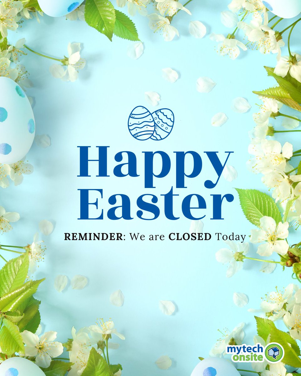 mytechonsite's tweet photo. Our team is taking one last day to power down and recharge this Easter Monday. We look forward to seeing you and fixing your devices when we are back tomorrow! 💻🔋

#EasterMonday #ComputerRepair #TechSupport #LocalBusiness #TechLife #HolidayHours https://t.co/PmbPQmXEOE