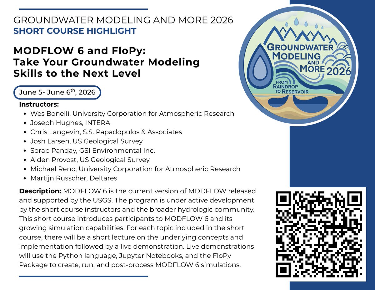 IGWMC's tweet photo. #GWM2 Short Course Highlight: MODFLOW 6 &amp; FloPy: Take Your Groundwater Modeling Skills to the Next Level
Learn more, including pricing &amp; registration:
🔗 https://t.co/0aWrv4pdoV
#Hydrology @reedh2o https://t.co/TjAKy0VRRr