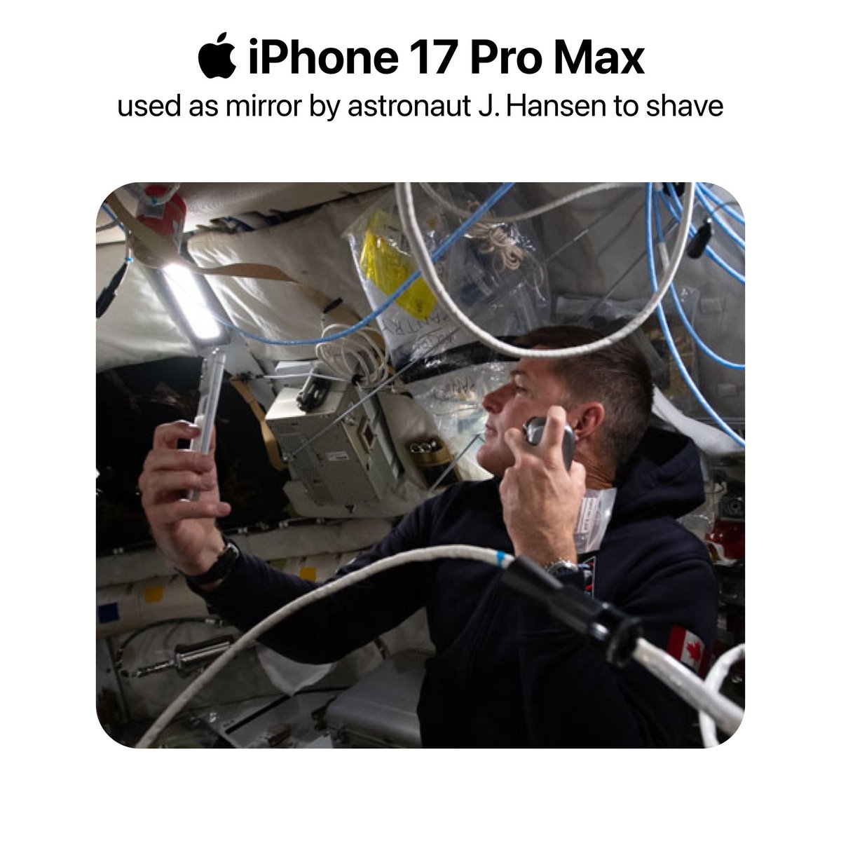 theapplecycle's tweet image. The iPhone 17 Pro Max is used as a mirror by astronaut J. Hansen to shave!