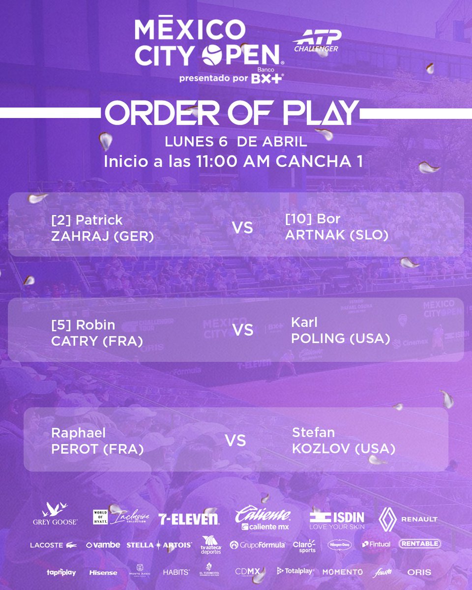 📆ORDEN DE JUEGO - LUNES 6 ABRIL 

#MCO2026 #ATPChallenger