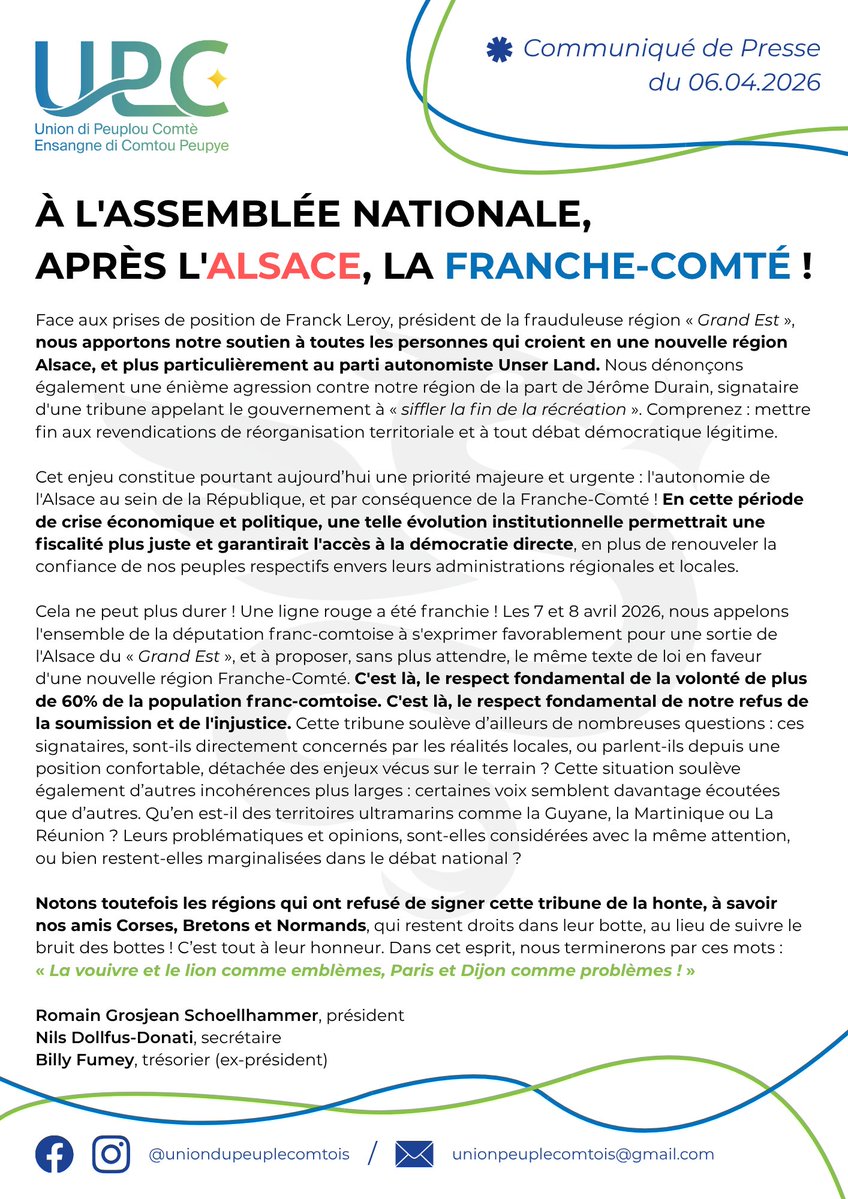 UPComtois's tweet image. 📣 Communiqué de presse : Après l'Alsace, La Franche-Comté ! 🌟🦁

Nous tenons à apporter tout notre soutien à nos voisins et également à @UnserLand avec qui nous partageons le même combat face à l'État jacobin.

#franchecomté #alsace #elsass