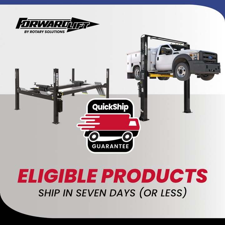 forwardlift's tweet photo. Need new shop equipment fast? Order QuickShip eligible Forward Lift or any qualifiying Rotarty Solutions equipment and we will ship directly from Madison, Indiana in 7 days or less, guaranteed. Which lifts or wheel service systems are you prioritizing for your next upgrade?  

See all qualifying QuickShip products:  
https://t.co/h82uANJJBO