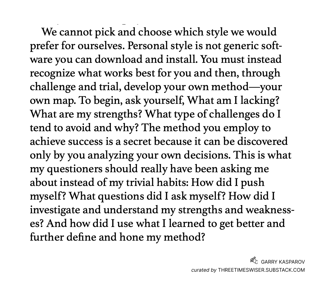 Kpaxs's tweet photo. Kasparov demolishing the "what's your morning routine" crowd. Everyone wants the surface-level stuff because surface-level answers are easy to copy. But the real work is internal archaeology. https://t.co/bf0qoMxhj6