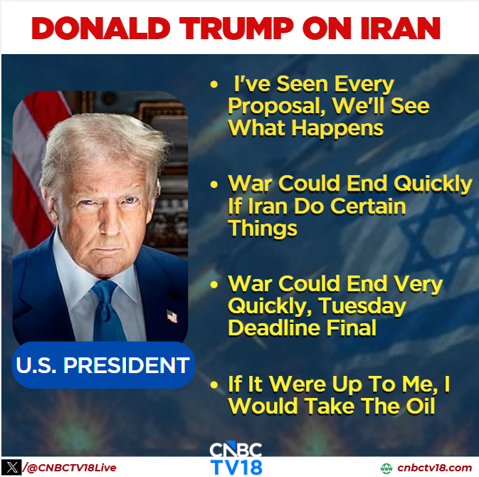 CNBCTV18Live's tweet image. #WestAsiaWar | I’ve seen every proposal, we’ll see what happens. The war could end quickly if they do certain things, and could end very quickly — Tuesday deadline is final. If it were up to me, I would take the oil, Says #DonaldTrump, #USPresident on #Iran