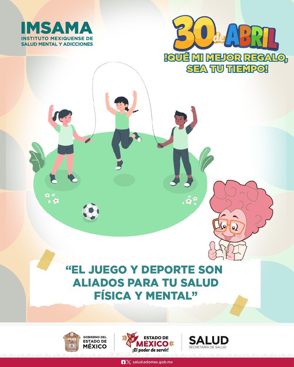 SaludEdomex's tweet photo. Este 30 de abril, regala lo más valioso: tu tiempo.
Jugar, convivir y hacer deporte fortalece la salud física y emocional de niñas y niños. 👧🏻 👦🏻 

Fomentemos espacios de alegría, movimiento y bienestar desde casa.
#DíaDelNiño #SaludMental #IMSAMA https://t.co/0zYsDjWWRR
