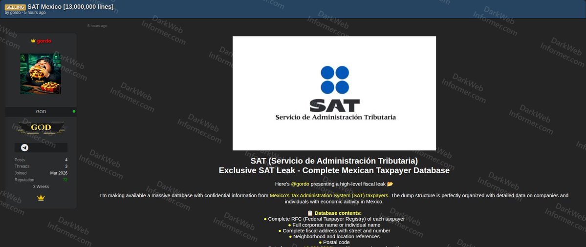 DarkWebInformer's tweet image. ‼️🇲🇽 A threat actor claims to be selling a complete Mexican taxpayer database from SAT containing RFC numbers, names, addresses, and other fiscal information for $300 USD.

The alleged database contains over 13 million records of companies and individuals with economic activity
