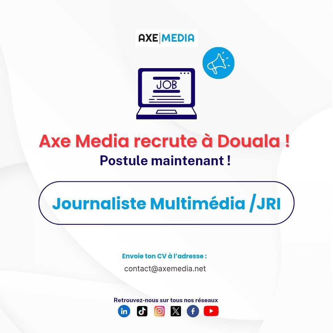 axemedia2023's tweet photo. 🚨 Axe Media recrute à Douala !

Nous recherchons un(e) Journaliste Multimédia / JRI passionné(e), créatif(ve) et à l’aise avec les formats digitaux pour renforcer notre équipe. 

✅ Si tu sais t'informer, tourner, monter et produire des contenus engageants pour le web et les réseaux sociaux, cette opportunité est pour toi.

📍 Poste basé à Douala
📩 Candidatures ouvertes dès maintenant

👉 Consulte l’offre complète et postule ici :
https://t.co/QFEUwtUmhu