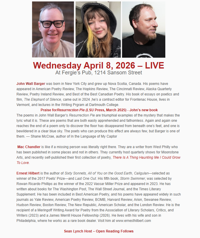 everseradio's tweet photo. Hey, John Wall Barger is back in town this week to read from his new book, Resurrection Pie. Mac Chandler and I will join him at Fergie's Pub in Philadelphia, 7PM Wednesday, April 8th, hosted by Sean Lynch. Stop by. Bring a poem of your own to read. Hope to see you there! https://t.co/YD3mJ6U4zc