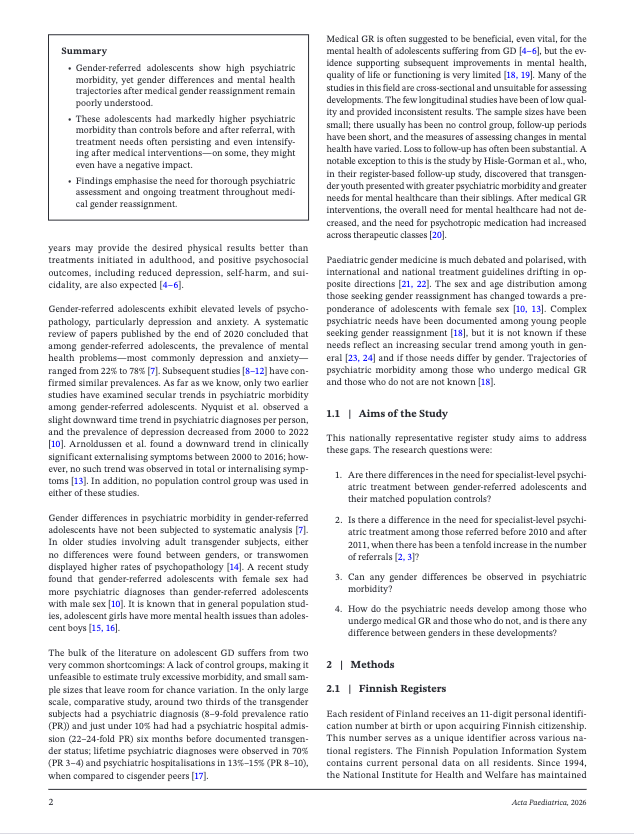 EstebanOrtizMD's tweet photo. 🚨 NUEVO ESTUDIO SOBRE LA TRANSICIÓN DE GENERO EN ADOLESCENTES🚨

¿Existe evidencia de la mejora de la salud mental de los adolescentes tras la reasignación de género médica? 🚨

Un exhaustivo estudio, recientemente publicado de una cohorte nacional realizado en Finlandia https://t.co/qTLePbpQxU analizó a más de 2,000 adolescentes que acudieron a servicios especializados de identidad de género entre 1996 y 2019, comparándolos con más de 16,000 jóvenes de la población general. 
Los hallazgos se contraponen a la creencia de que la transición médica es la solución principal para el bienestar psicológico:

🔹 La reasignación médica NO reduce los problemas psiquiátricos: 
Lejos de disminuir, la morbilidad psiquiátrica aumentó drásticamente después de los tratamientos médicos de reasignación de género. Las necesidades de tratamiento psiquiátrico saltaron del 9.8% al 60.7% en quienes buscaron una transición hacia mujer, y del 21.6% al 54.5% en la transición hacia hombre.

🔹 Riesgo psiquiátrico mucho mayor: 
Incluso ajustando los datos por problemas psiquiátricos previos, los adolescentes que consultan por cuestiones de género tienen un riesgo de requerir atención psiquiátrica especializada entre 3 y 5 veces mayor que sus pares sin disforia.

🔹 Los problemas de fondo se están agravando: 
Los jóvenes referidos a clínicas de género después de 2010 presentaron el doble de necesidades de tratamiento psiquiátrico previo a su consulta (47.9%) en comparación con los grupos referidos antes de 2010 (23.7%).

🔹 La disforia puede ser un síntoma, no la causa principal: 
Los investigadores concluyen que los trastornos psiquiátricos severos en estos jóvenes no parecen ser causados principalmente por la disforia de género. Para muchos adolescentes, las dudas sobre su identidad de género podrían ser secundarias a otros grandes desafíos de salud mental no resueltos.

💡 Conclusión clave: 
La evidencia de este estudio a largo plazo no respalda la idea de que iniciar una reasignación médica en el desarrollo adolescente mejore su salud mental. Al contrario, subraya que es una necesidad absoluta evaluar a fondo y tratar adecuadamente cualquier trastorno mental antes y después de recurrir a tratamientos médicos irreversibles.

Pregunta relacionada al contexto local: 

¿Debe autorizarse el cambio de género en la cédula de identidad de adolescentes con disforia de género en Ecuador mediante una simple autorización de los padres y un breve informe psicosocial? La respuesta es NO

#SaludMental #Adolescencia #Ciencia #Medicina #Psiquiatría