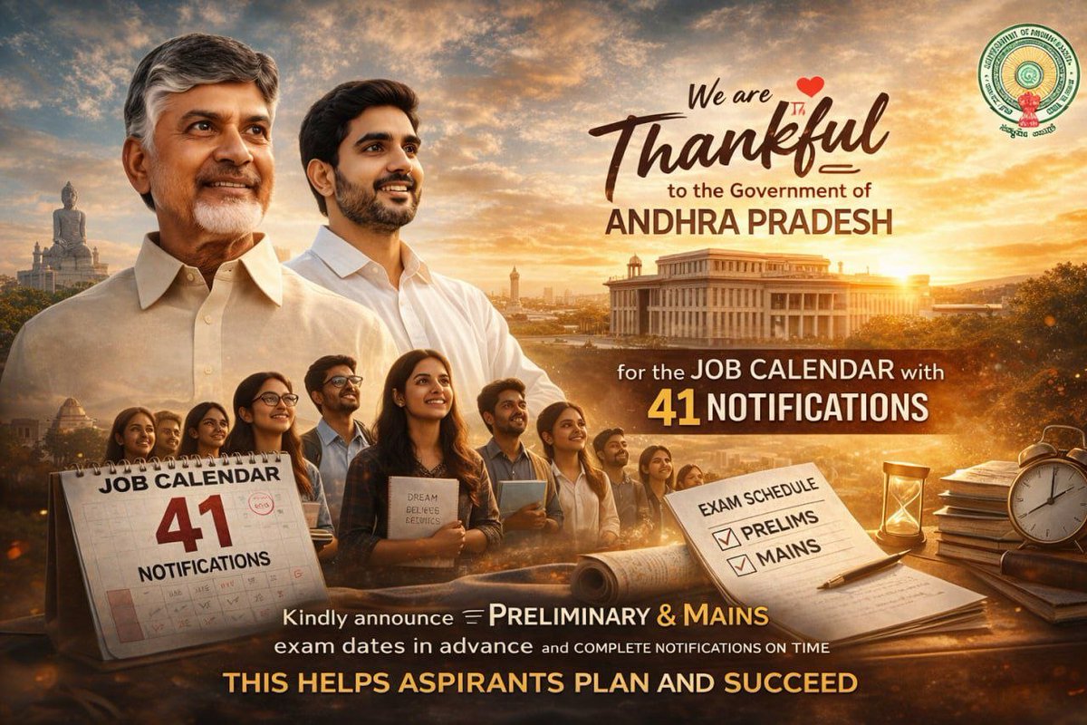 NareshTirumani's tweet photo. @apjobaspirants @naralokesh @chiranjeevimlc @AndhraPradeshCM @APDeputyCMO @JaiTDP @JSPShatagniTeam @BJP4Andhra @MadhavBJP @SrikanthMLC @rajasekharam66 @Bhumireddymlc @tdjanardhan మాన్యులైన ప్రభుత్వ పెద్దలకు వినయపూర్వక విజ్ఞప్తి🙏

విడుదల కాబోయే 41 నోటిఫికెషన్స్ లోనే ప్రిలిమినరీ మరియు మెయిన్స్ పరీక్షల తేదీలు స్పష్టంగా ప్రకటించి, షెడ్యూల్ ప్రకారం సకాలంలో పరీక్షలు నిర్వహించి ఫలితాలు వెల్లడించాలని కోరుతున్నాం సార్🙏
@naralokesh @chiranjeevimlc

#AndhraPradesh https://t.co/eAwoxJGmMj