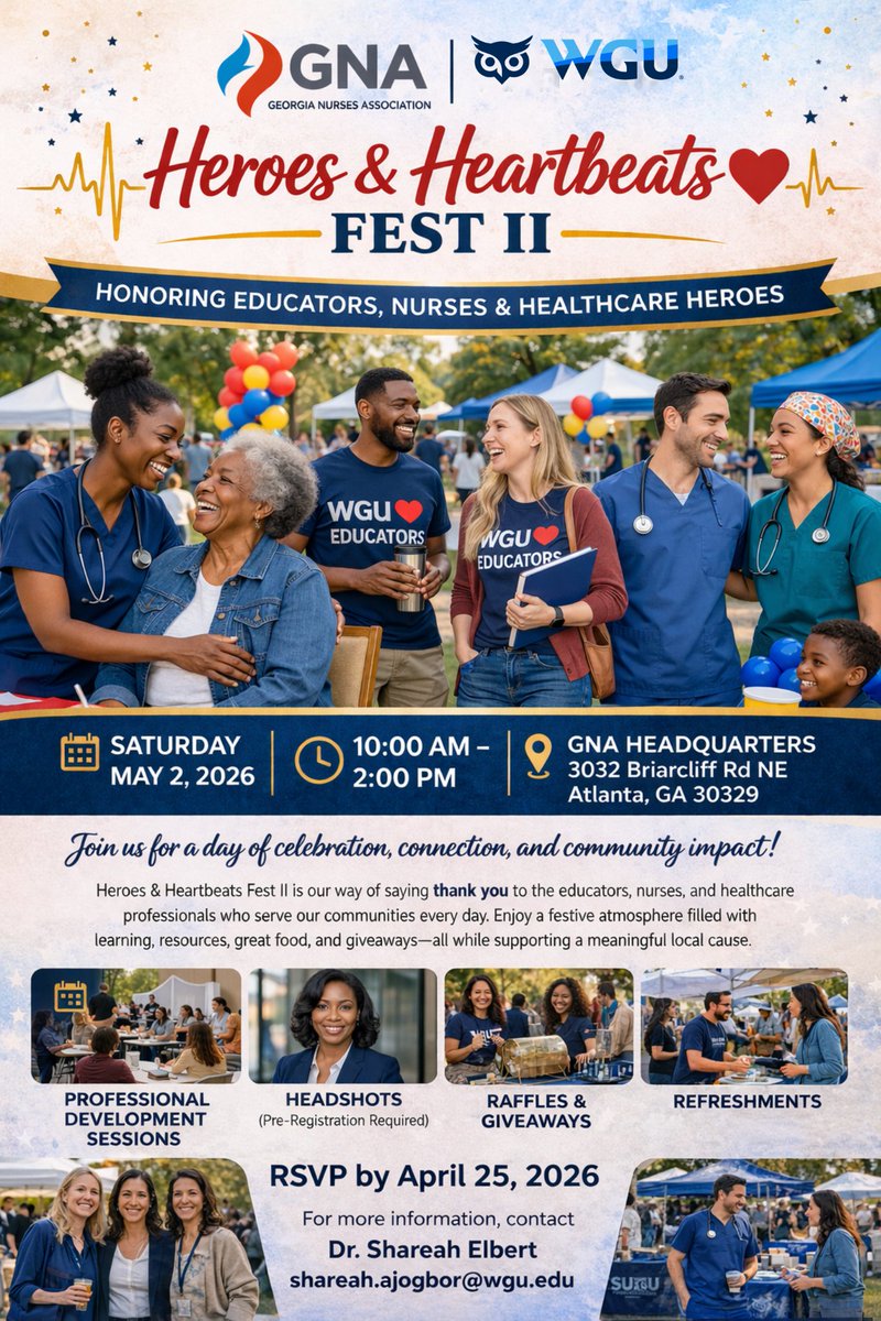 GeorgiaNurses's tweet photo. A free event for nurses and teachers to honor and celebrate them.
Register at https://t.co/gseyQEd9l8.

#NationalNursesWeek #GeorgiaNurses #Teachers #Educators https://t.co/lq3QgeAbSl