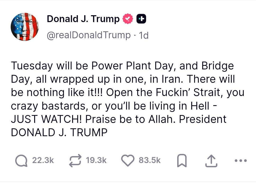 mwp_pl's tweet photo. ‼️🇺🇸‼️ Donald Trump zapowiada, że jutro w Iranie będzie "dzień elektrowni" i "dzień mostów". "Otwórzcie tę pie****oną cieśninę szalone dranie lub będziecie mieszkać w piekle". W taki sposób prezydent Stanów Zjednoczonych na portalu truth social groził Iranowi oraz apelował o Otwarcie Cieśniny ormuz. 
#trump #iran #war #ormuz #midas