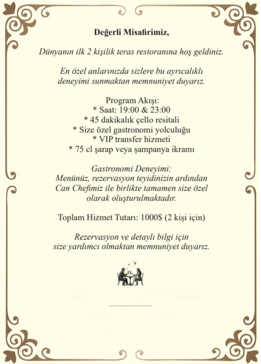 clickshaber's tweet photo. İstanbul Beykoz'da 2 kişilik bir restoranın 1000 dolara sunduğu hizmetler:

» Çello resitali (45 dk.)
» Ulaşım
» Şarap veya şampanya (75 cl)
» Yemek

Ne düşünüyorsunuz? https://t.co/cUVPoh6Cip
