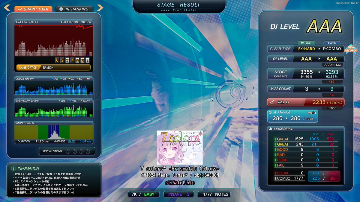 sl9 桜花爛漫の墓標,CYCLONE,bathypelagic snow ハード
sl2 7 colors＊フルコン！
7 colors好きな曲だからまじで嬉しい