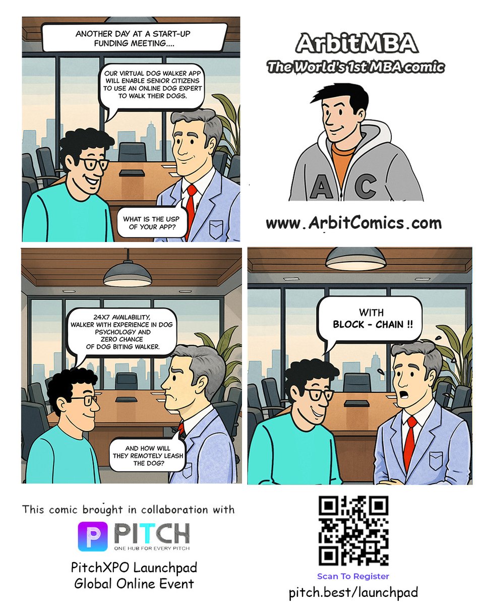 ArbitMBA's tweet photo. 𝐒𝐭𝐚𝐫𝐭𝐮𝐩 𝐅𝐨𝐮𝐧𝐝𝐞𝐫 

Hi Pitchwala, pitching his latest app idea to Investor <name - Cash>. 
There is a solution to every problem. 

Founder Rocked. Investor Shocked.

#ArbitMBA #StartupPitch #FounderLife #VCMeetings #StartupHumor #web3 https://t.co/FhZJNVRbAF