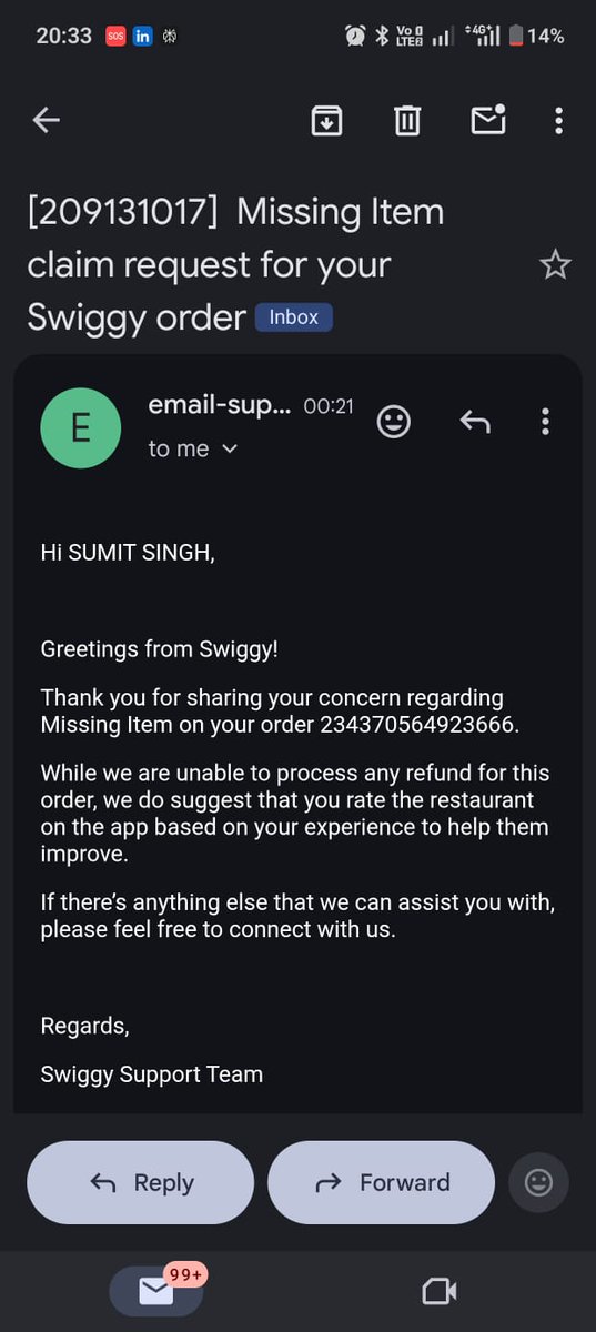 AshmitMandlik's tweet photo. @Swiggy  Worst experience with Order #234370564923666. Delivery took 1.5 hrs and items (burgers) were missing. Complaint on app was closed without resolution, and email support denied refund despite clear proof. This is unacceptable service. Need immediate refund and action. https://t.co/uqAB8tbvxi