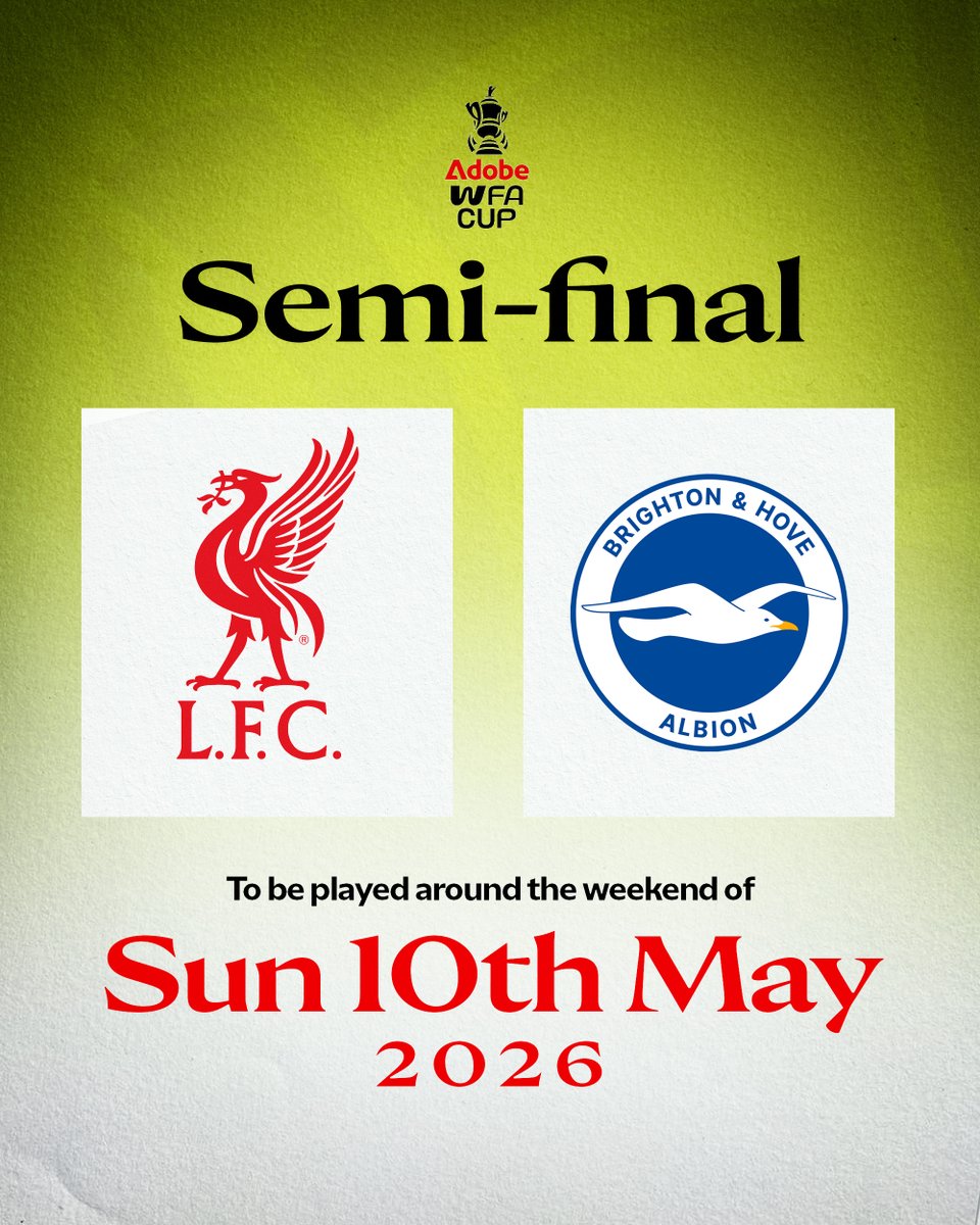 LiverpoolFCW's tweet photo. We will face Brighton &amp; Hove Albion in the @AdobeWFACup semi-finals 🏆 https://t.co/gg0gVuqrHr