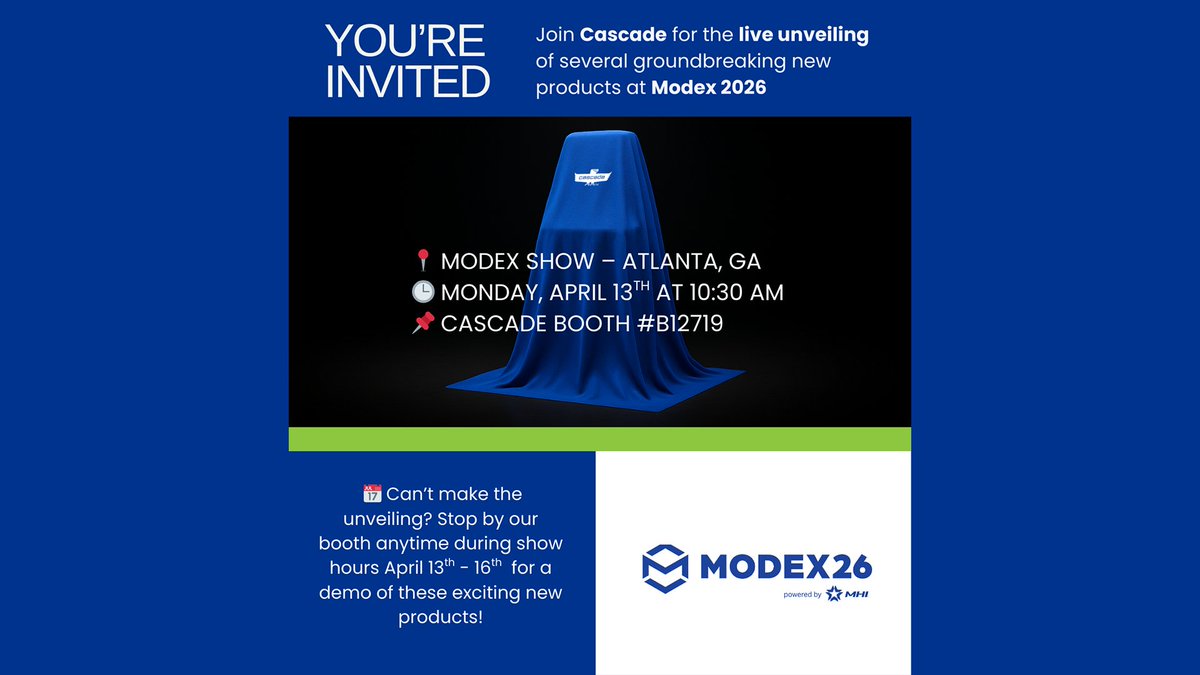 CascadeCorp's tweet photo. Join Cascade Day 1 at #MODEX26 for a special event you don’t want to miss!

⏰ 10:30am on Monday, April 13
📌 Booth B12719 https://t.co/1m22jqZP9S