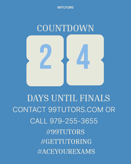 29 days until finals! ⏰📚
Get help from 99Tutors—online or in-person at A&amp;M, UT, Blinn, ACC, UTSA, TXST, Lamar &amp; SHSU! 💪🎓
📩 Book now: 99Tutors.com | 979-255-3655

#99Tutors #Tutoring #ExamPrep #FinalsCountdown #StudySmart