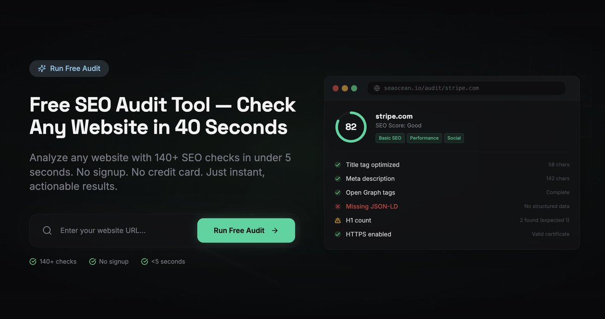SeaOceanIO's tweet photo. 140+ SEO checks. real scraping. instant results. 🌊

meta tags, Open Graph, JSON-LD, sitemap, security, Web Vitals, mobile — all in one audit

320+ sites already checked

now also checks your visibility in AI Search (ChatGPT, Claude, Gemini) 👀

https://t.co/Hogm3m8bRN https://t.co/y0kf3BIsO2